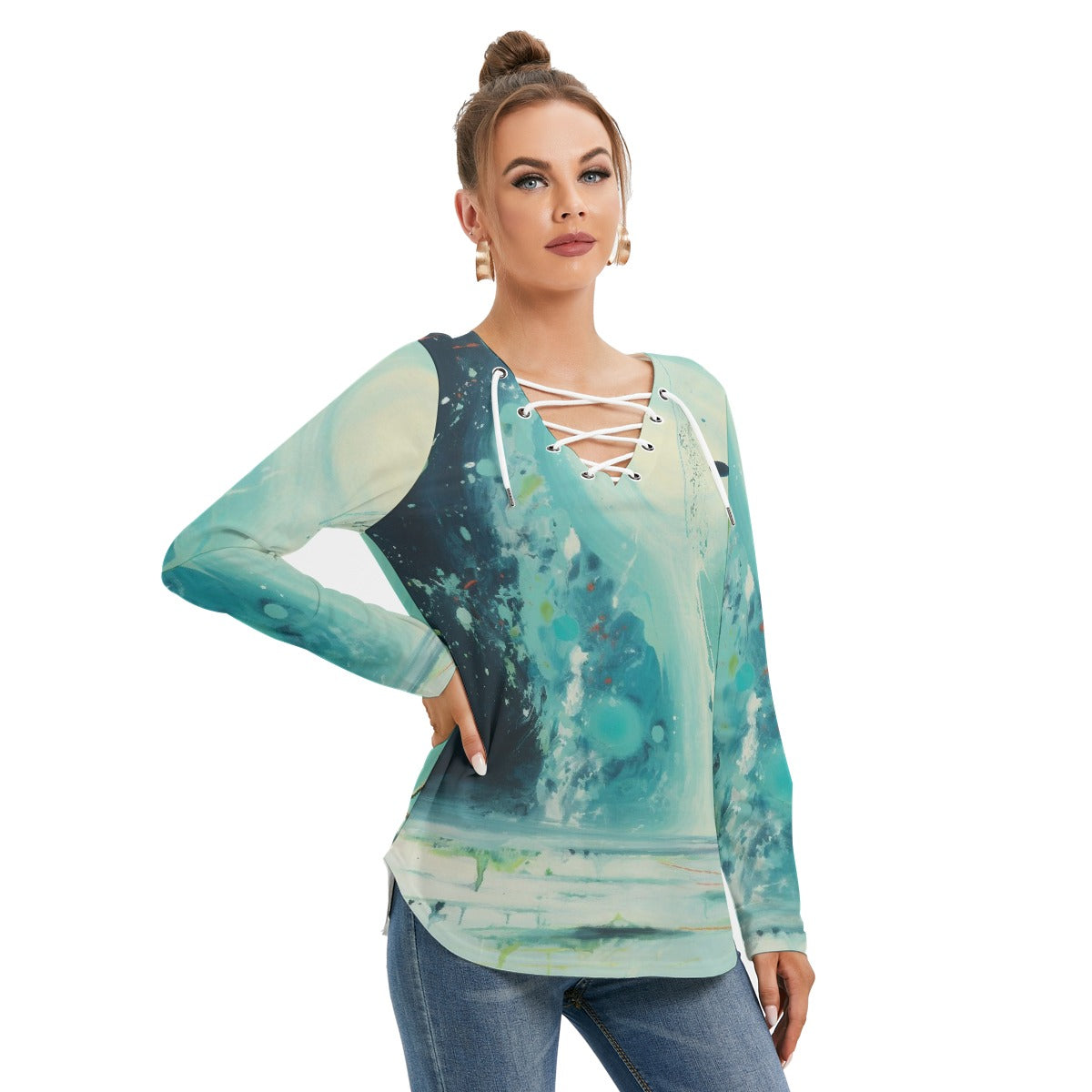 All-Over Print Women's Long Sleeve Neckline Tie Sweatshirt