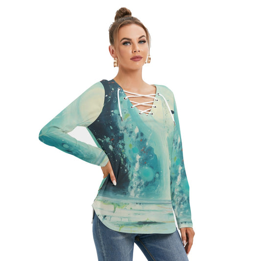 All-Over Print Women's Long Sleeve Neckline Tie Sweatshirt