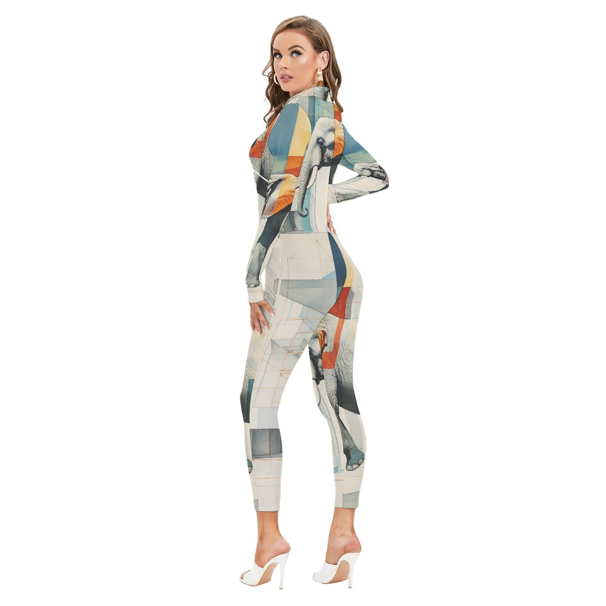 All-Over Print Women's Long-sleeved High-neck Jumpsuit With Zipper