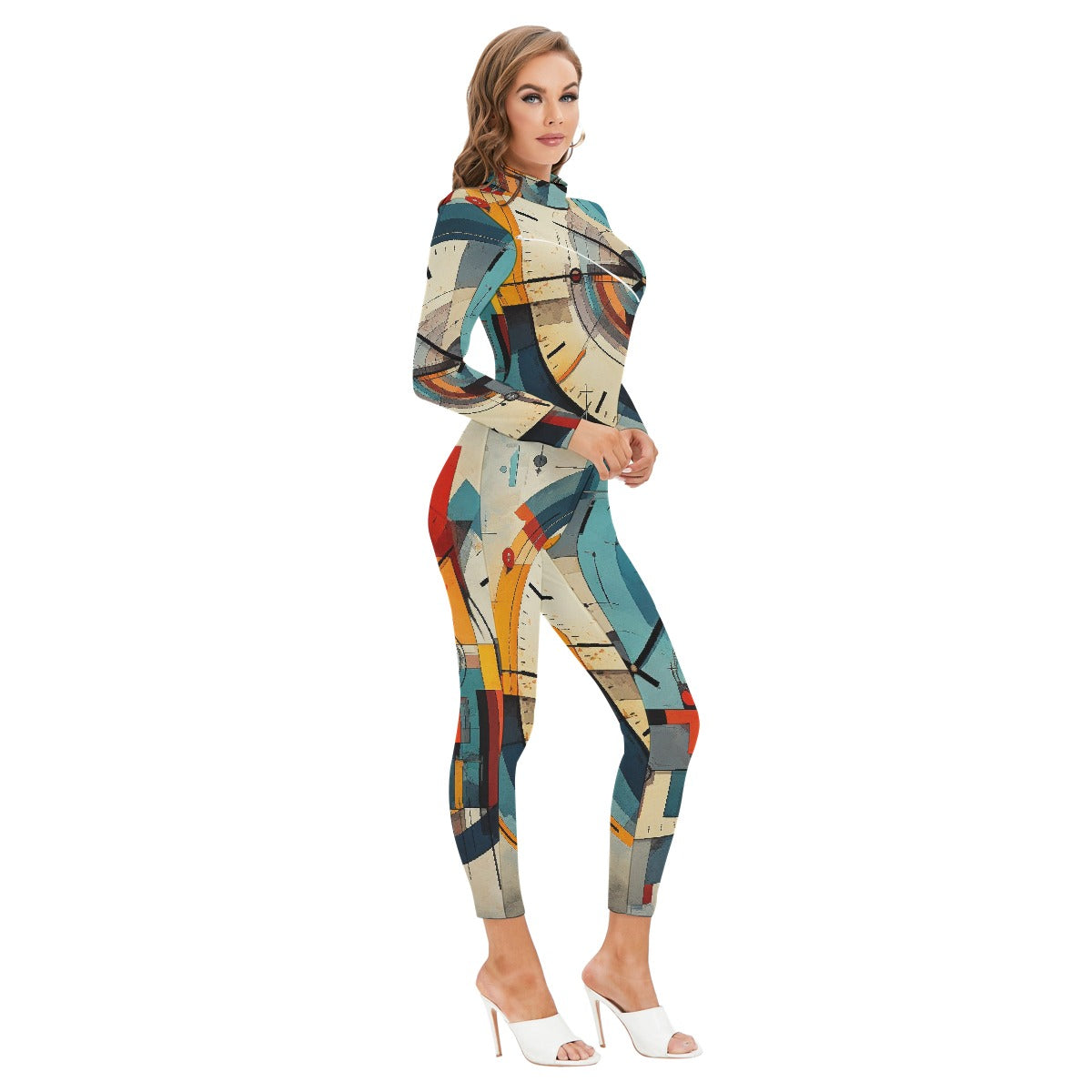 All-Over Print Women's Long-sleeved High-neck Jumpsuit With Zipper