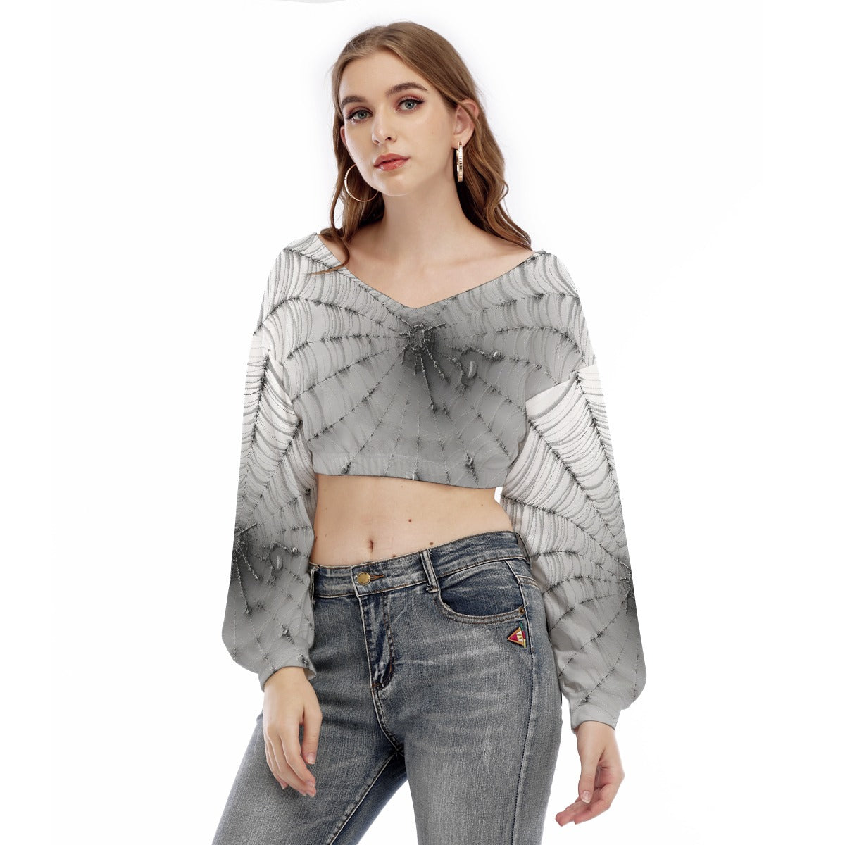 All-Over Print Women's V-neck Long Sleeve Cropped Sweatshirt