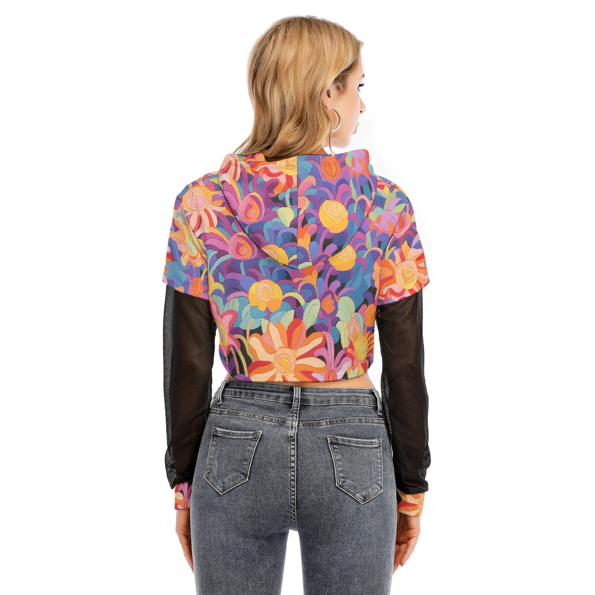 All-Over Print Women's Fake Two-piece Mesh Sleeve Cropped Hoodie