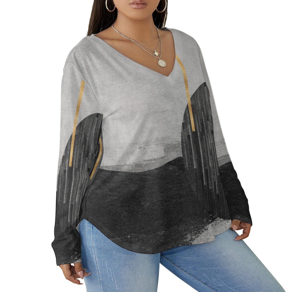 All-Over Print Women's V-neck T-shirt With Curved Hem(Plus Size)
