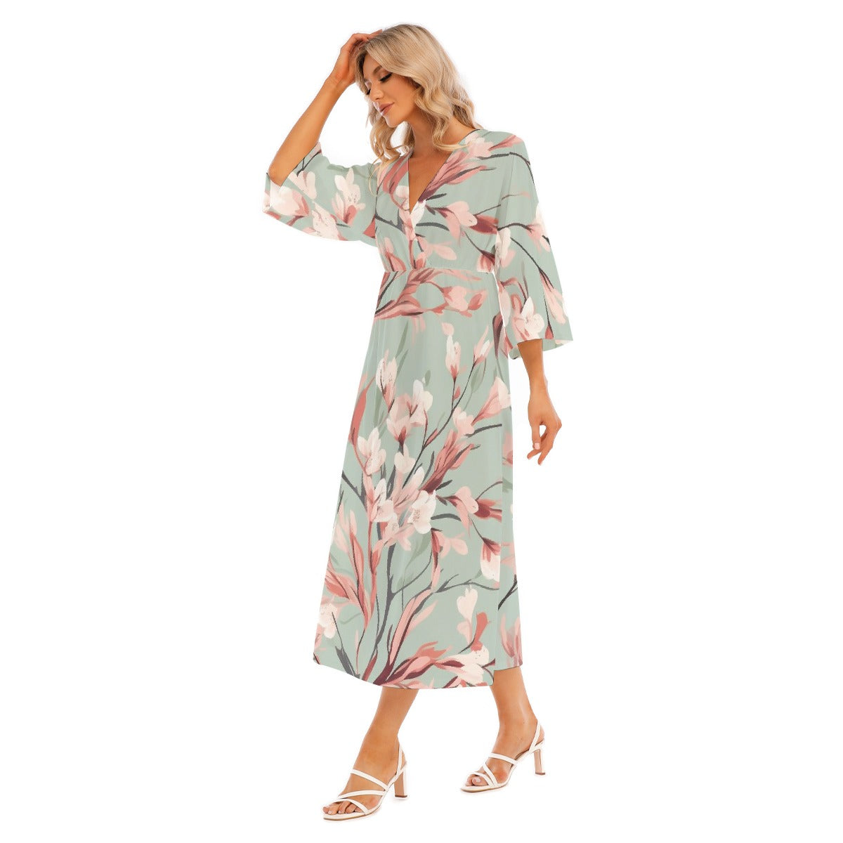 All-Over Print Women's Mid-Sleeve Long Dress