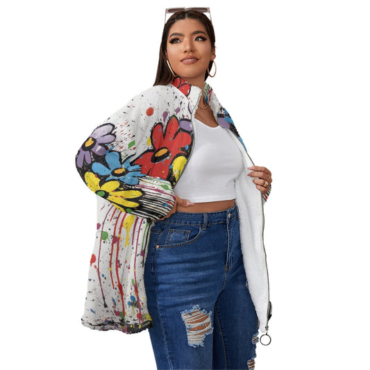 All-Over Print Unisex Borg Fleece Stand-up Collar Coat With Zipper Closure(Plus Size)