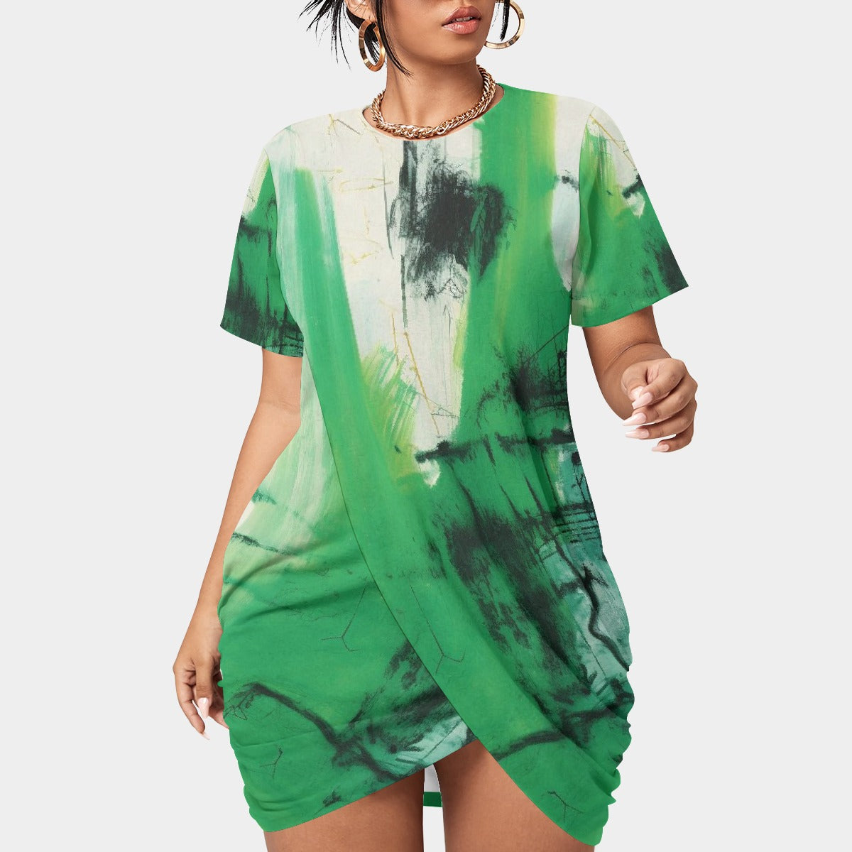 All-Over Print Women’s Stacked Hem Dress With Short Sleeve（Plus Size）