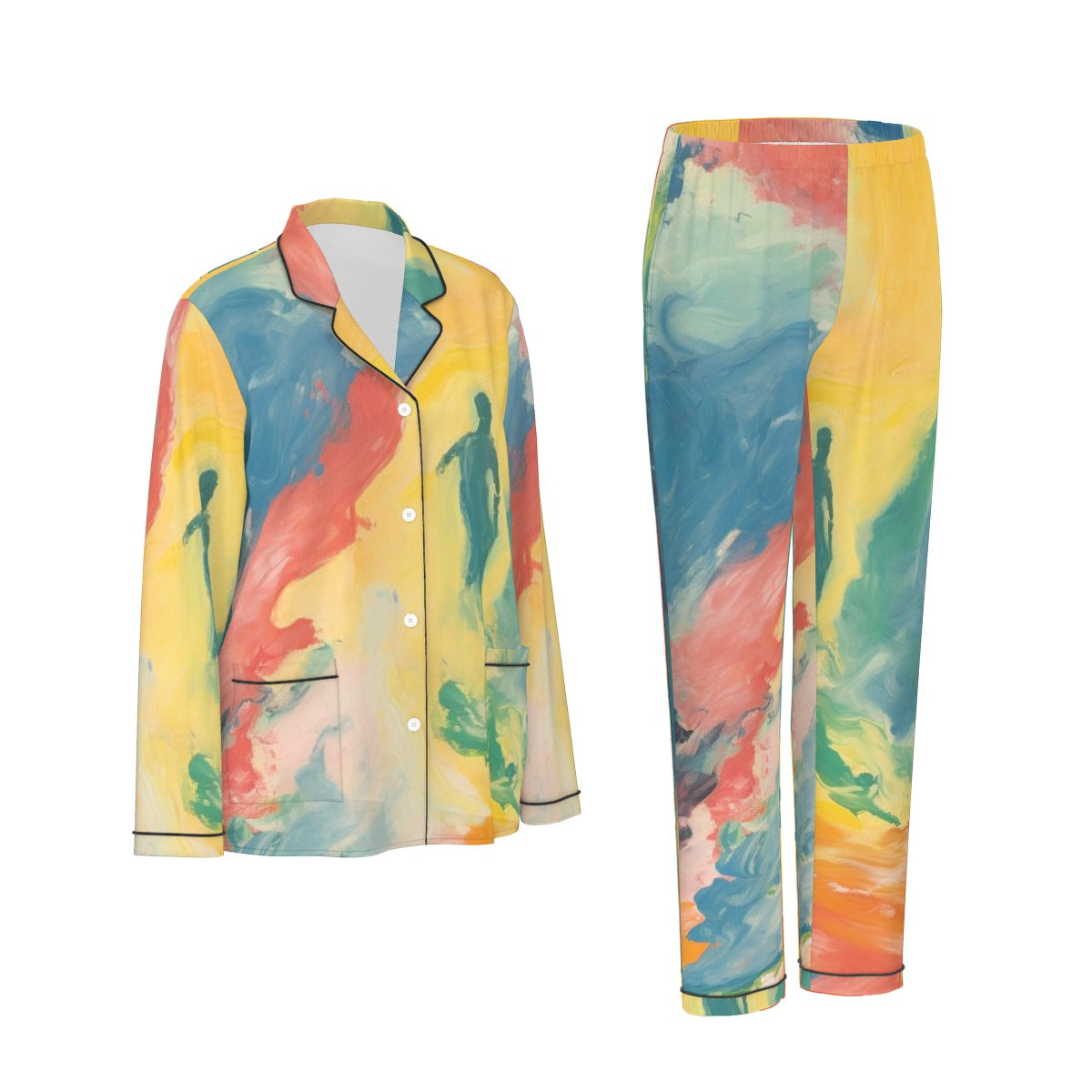 All-Over Print Women's Long Sleeve Pajama Set With Black Contrast Piping