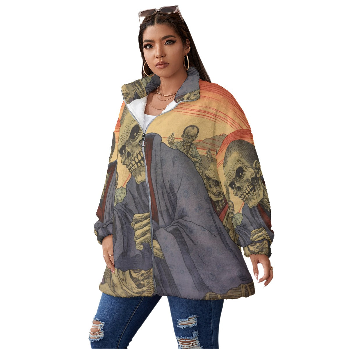 All-Over Print Unisex Borg Fleece Stand-up Collar Coat With Zipper Closure(Plus Size)