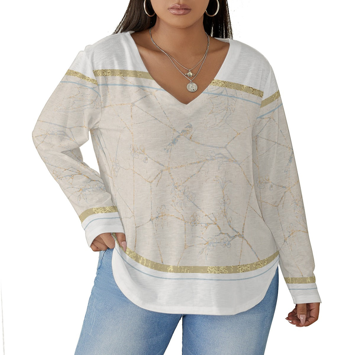 All-Over Print Women's V-neck T-shirt With Curved Hem(Plus Size)