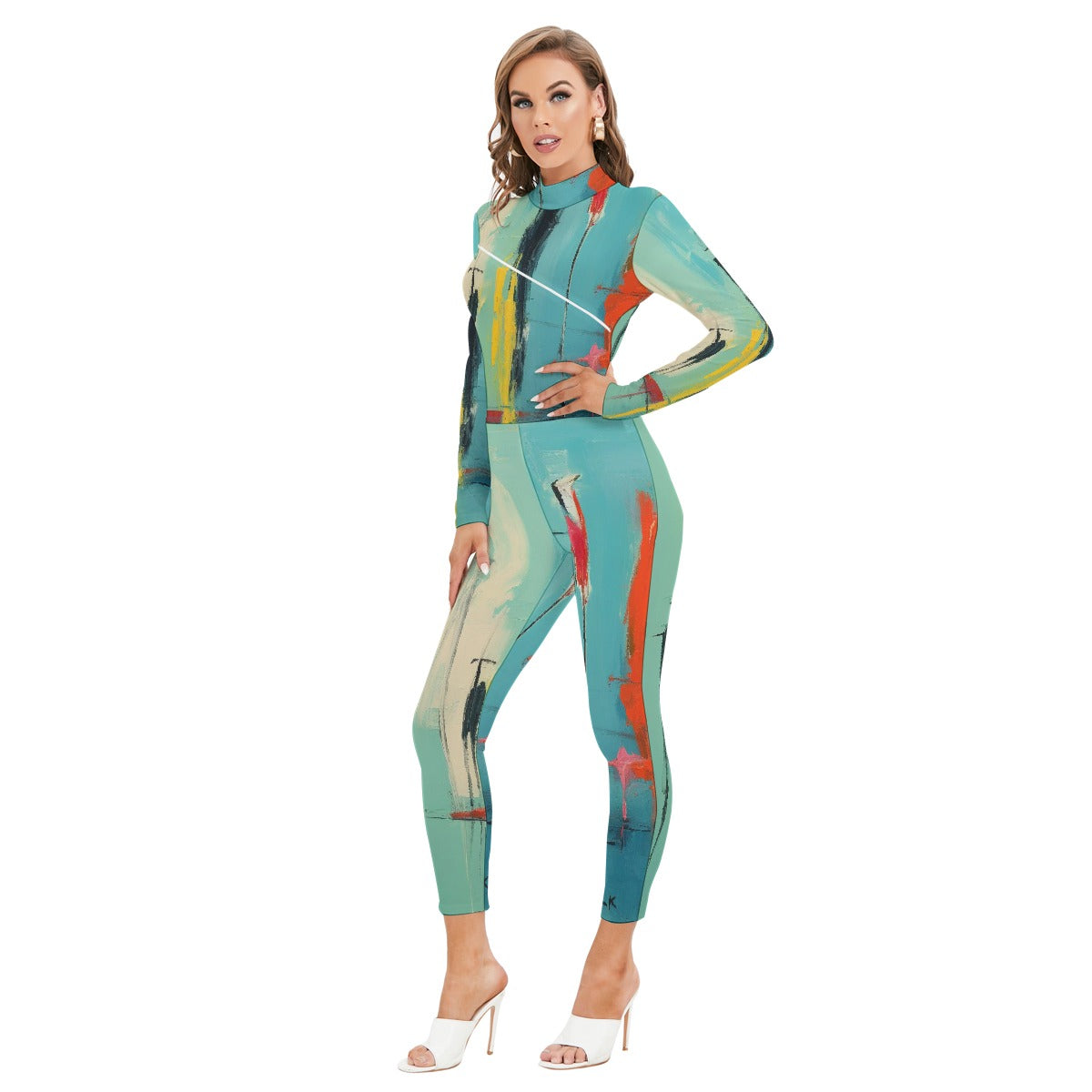 All-Over Print Women's Long-sleeved High-neck Jumpsuit With Zipper