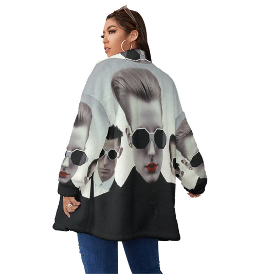 All-Over Print Unisex Borg Fleece Stand-up Collar Coat With Zipper Closure(Plus Size)