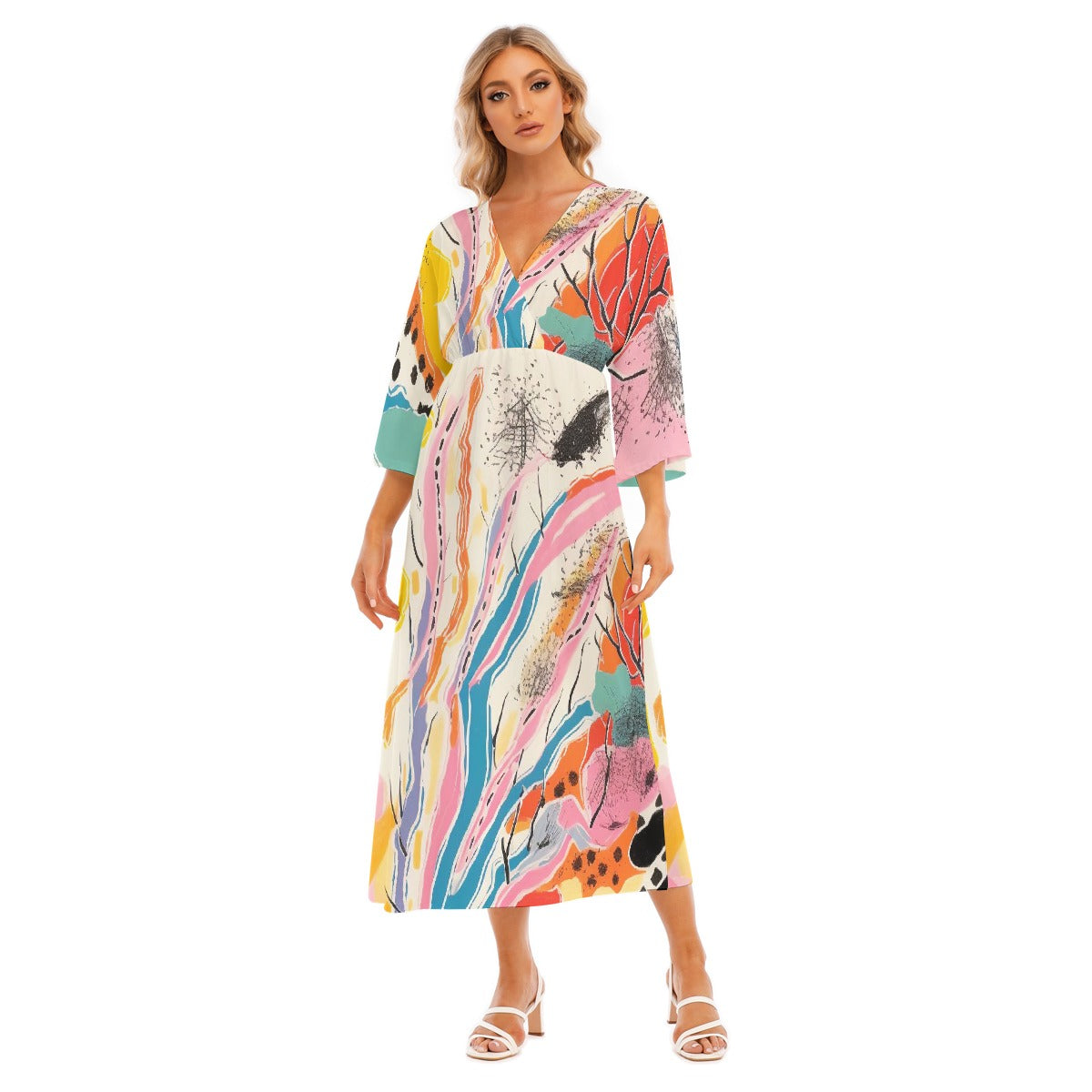 All-Over Print Women's Mid-Sleeve Long Dress