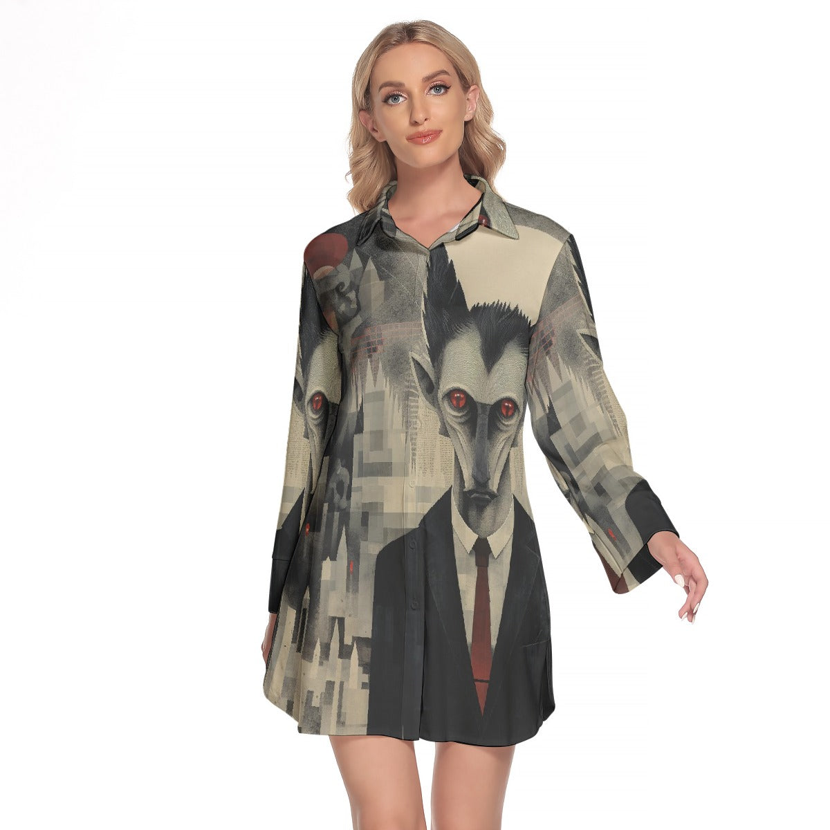 All-Over Print Women's Lapel Shirt Dress With Long Sleeve