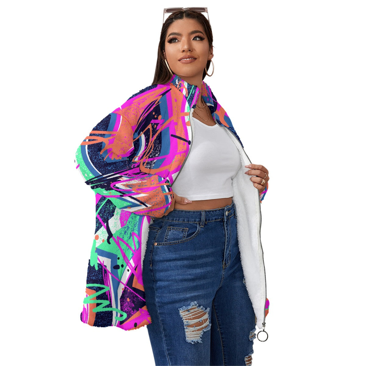 All-Over Print Unisex Borg Fleece Stand-up Collar Coat With Zipper Closure(Plus Size)