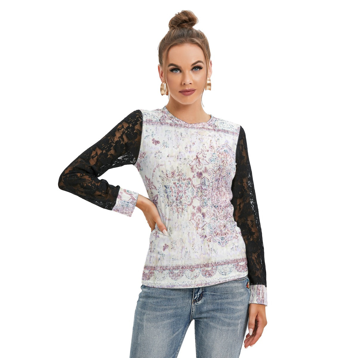 All-Over Print Women's T-shirt And Sleeve With Black Lace