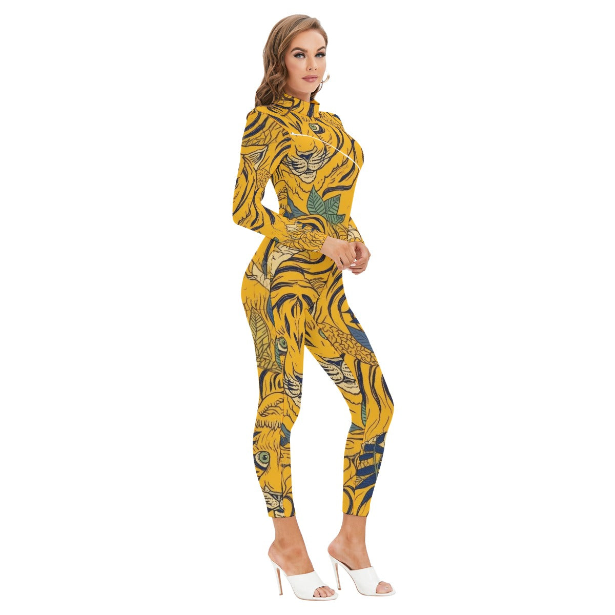 All-Over Print Women's Long-sleeved High-neck Jumpsuit With Zipper