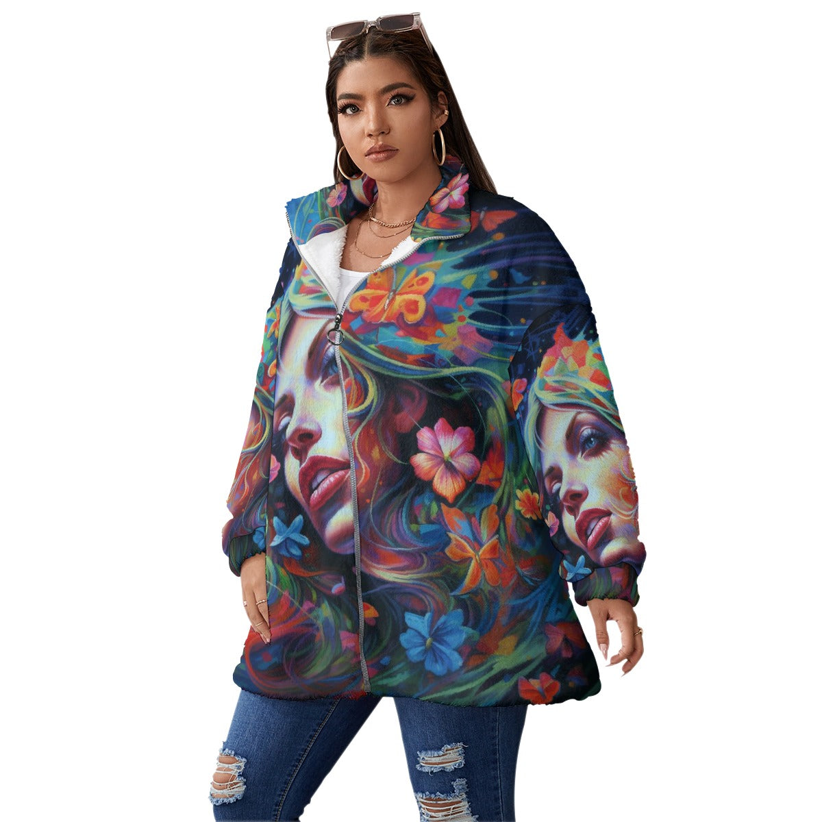 All-Over Print Unisex Borg Fleece Stand-up Collar Coat With Zipper Closure(Plus Size)