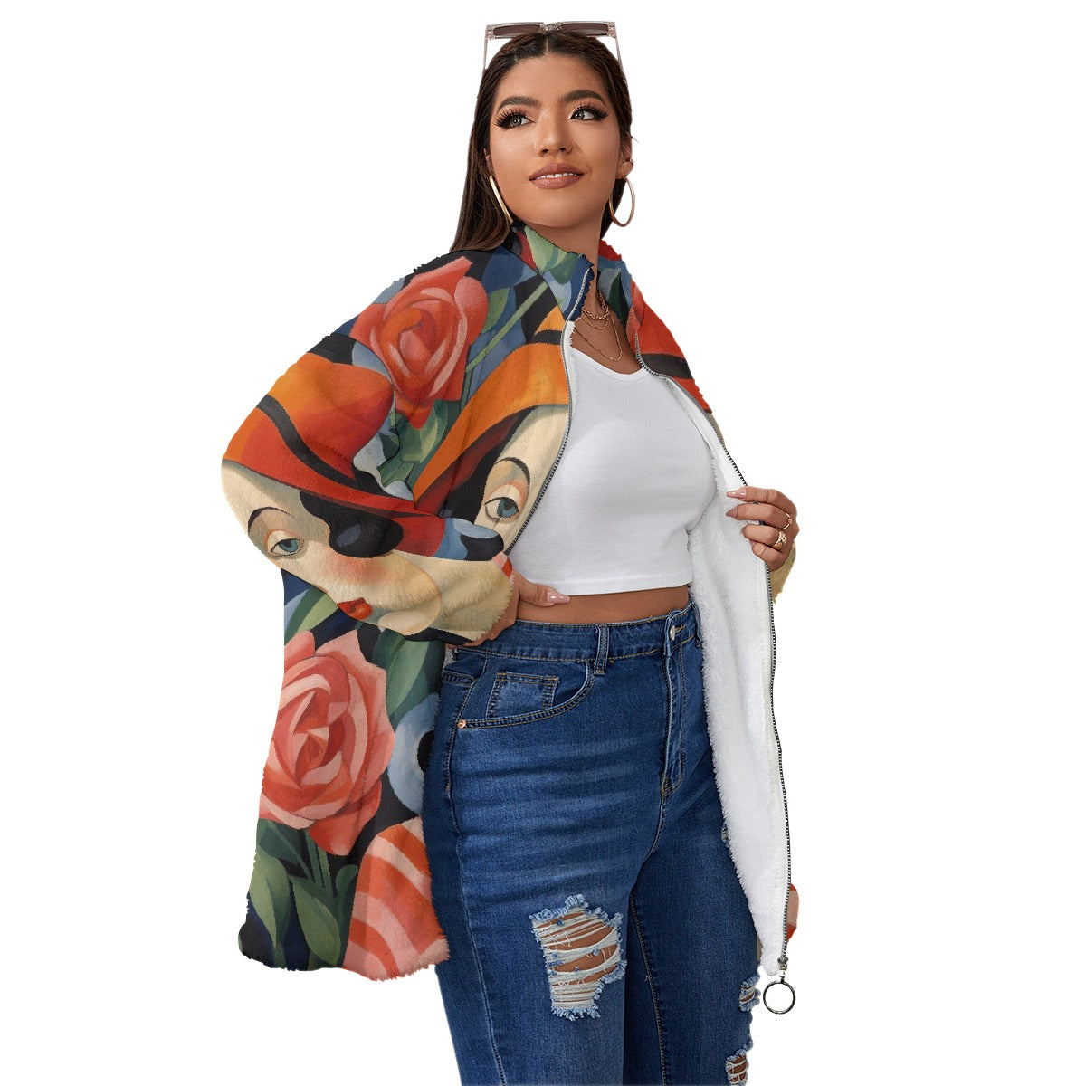 All-Over Print Unisex Borg Fleece Stand-up Collar Coat With Zipper Closure(Plus Size)