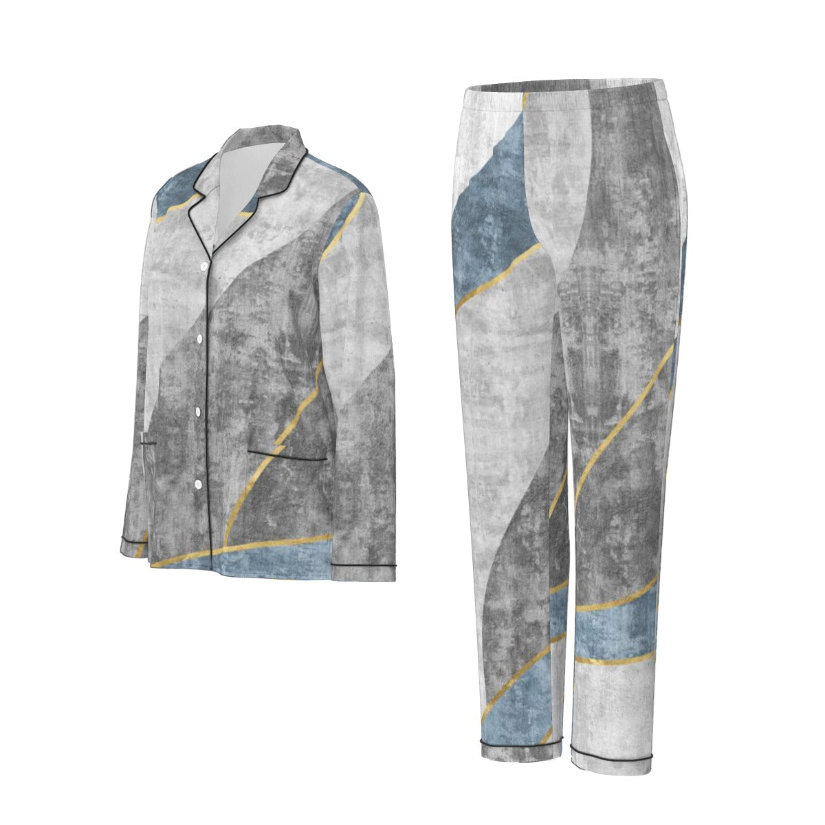 All-Over Print Women's Long Sleeve Pajama Set With Black Contrast Piping