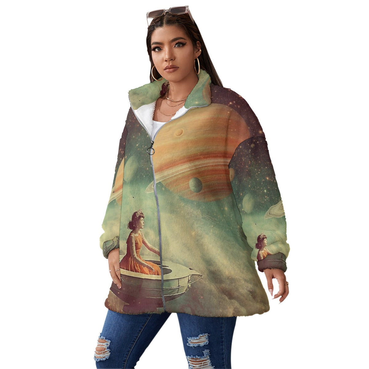 All-Over Print Unisex Borg Fleece Stand-up Collar Coat With Zipper Closure(Plus Size)