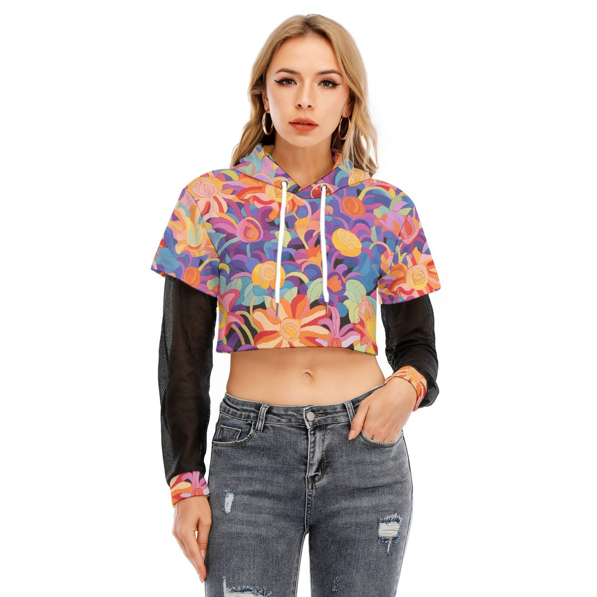 All-Over Print Women's Fake Two-piece Mesh Sleeve Cropped Hoodie