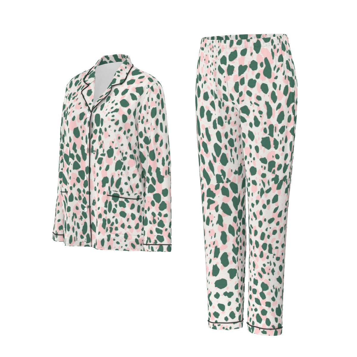 All-Over Print Women's Long Sleeve Pajama Set With Black Contrast Piping