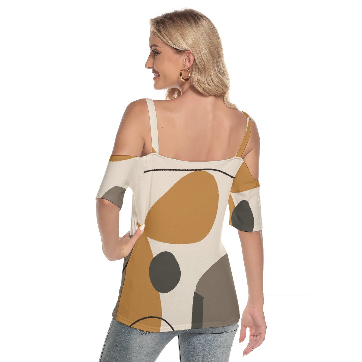 All-Over Print Women's Cold Shoulder T-shirt With Criss Cross Strips