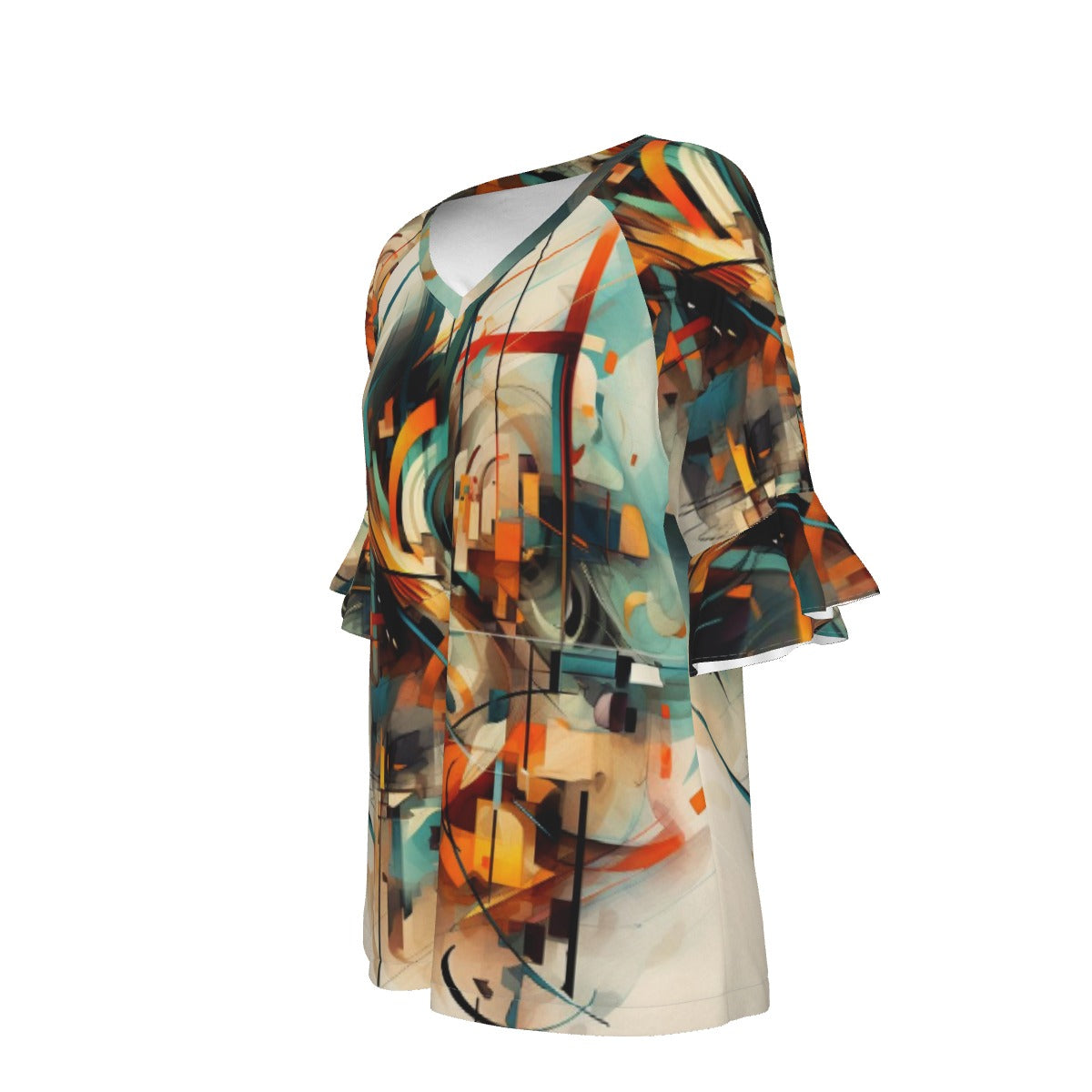 All-Over Print V-neck Women's T-shirt With Bell Sleeve