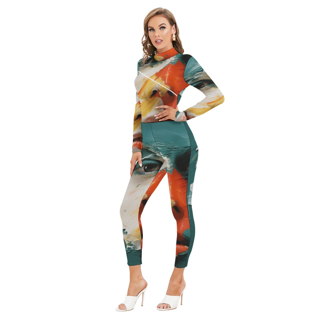 All-Over Print Women's Long-sleeved High-neck Jumpsuit With Zipper