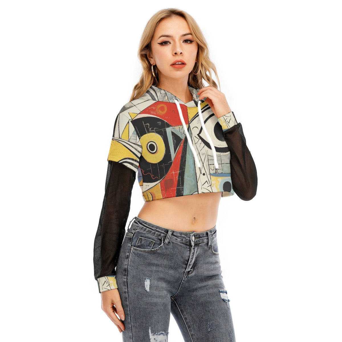 All-Over Print Women's Fake Two-piece Mesh Sleeve Cropped Hoodie