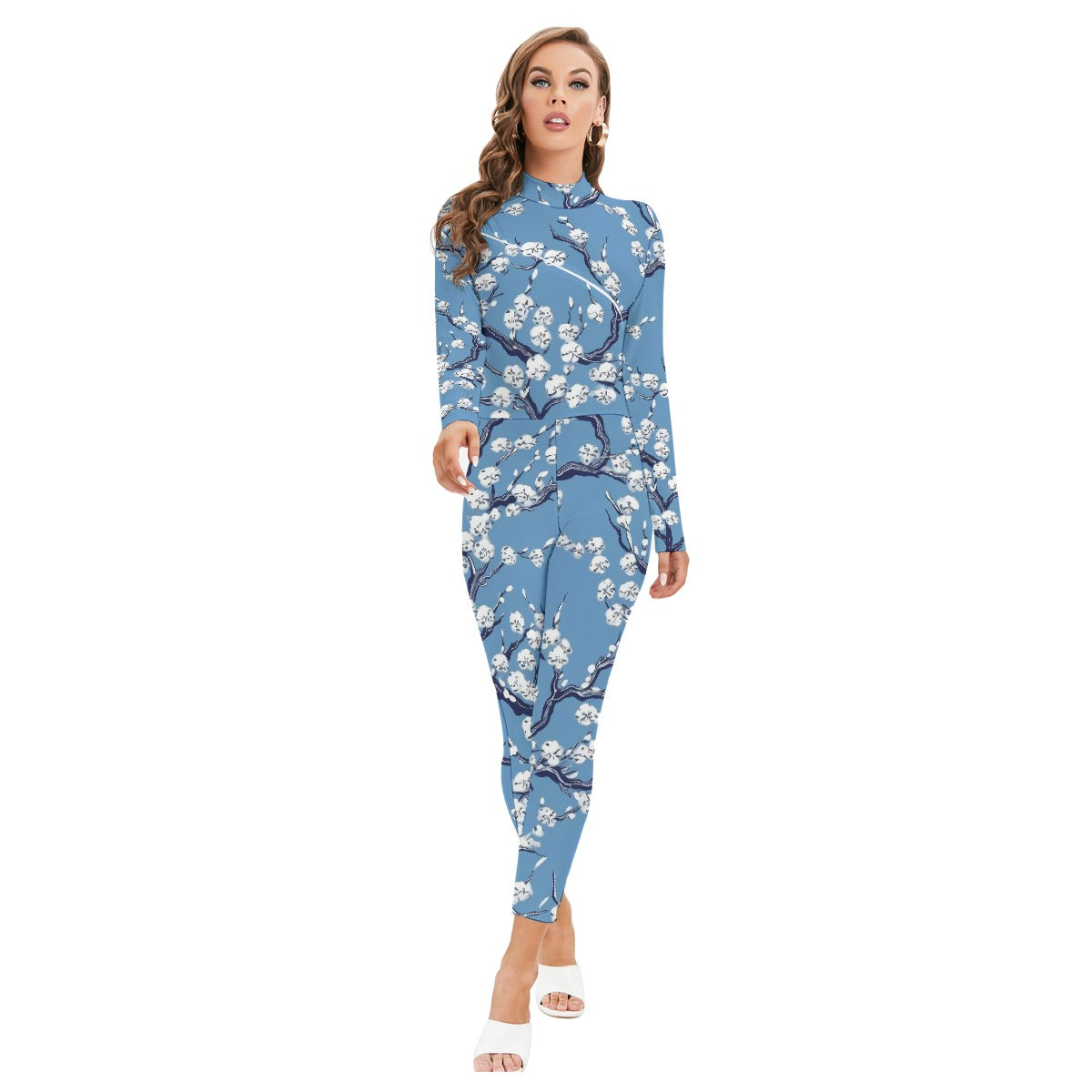 All-Over Print Women's Long-sleeved High-neck Jumpsuit With Zipper