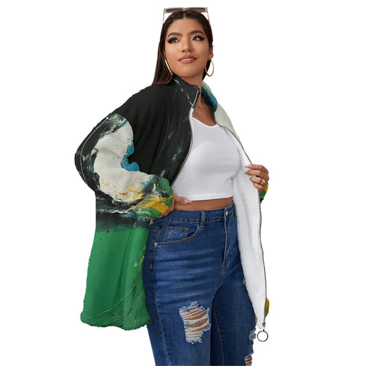 All-Over Print Unisex Borg Fleece Stand-up Collar Coat With Zipper Closure(Plus Size)