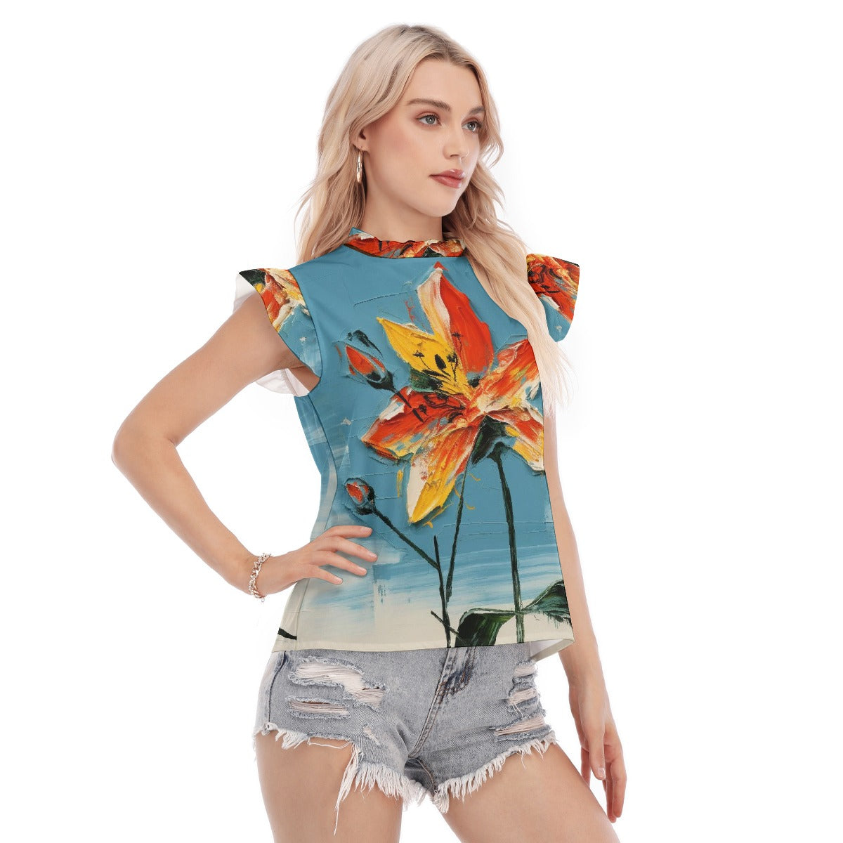 All-Over Print Women's Blouse With Ruffle Collar And Sleeve