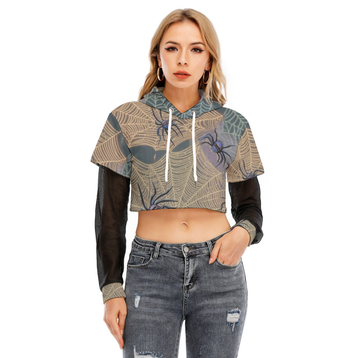 All-Over Print Women's Fake Two-piece Mesh Sleeve Cropped Hoodie