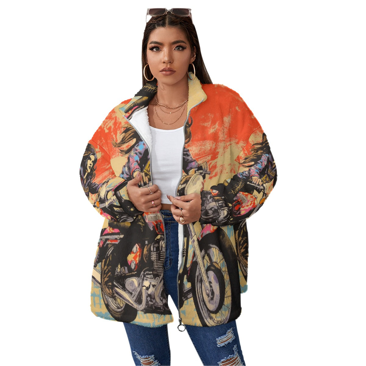 All-Over Print Unisex Borg Fleece Stand-up Collar Coat With Zipper Closure(Plus Size)