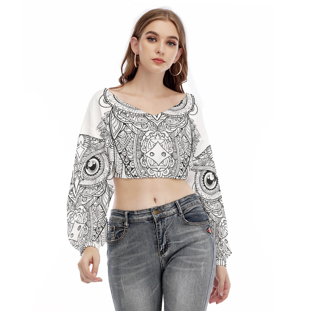 All-Over Print Women's V-neck Long Sleeve Cropped Sweatshirt