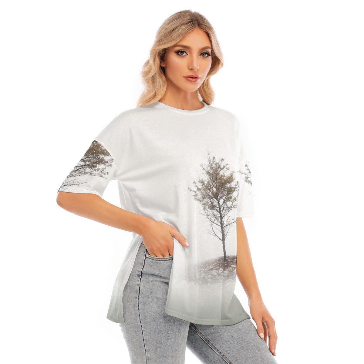 All-Over Print Women's Short Sleeves T-shirt With Hem Split