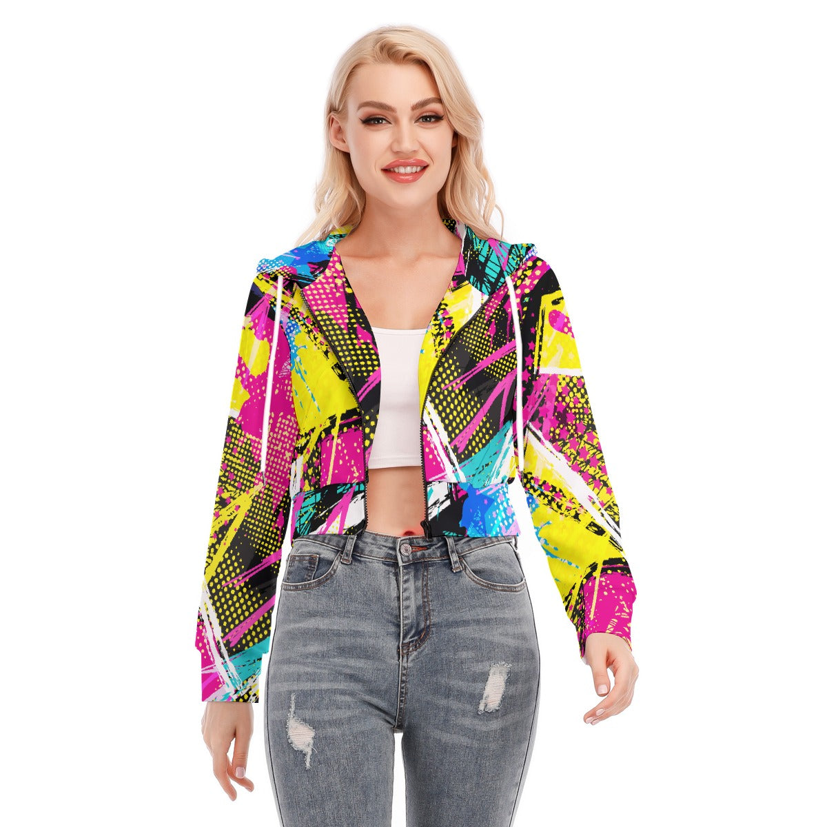All-Over Print Women's Crop Top Hoodie With Zipper Closure