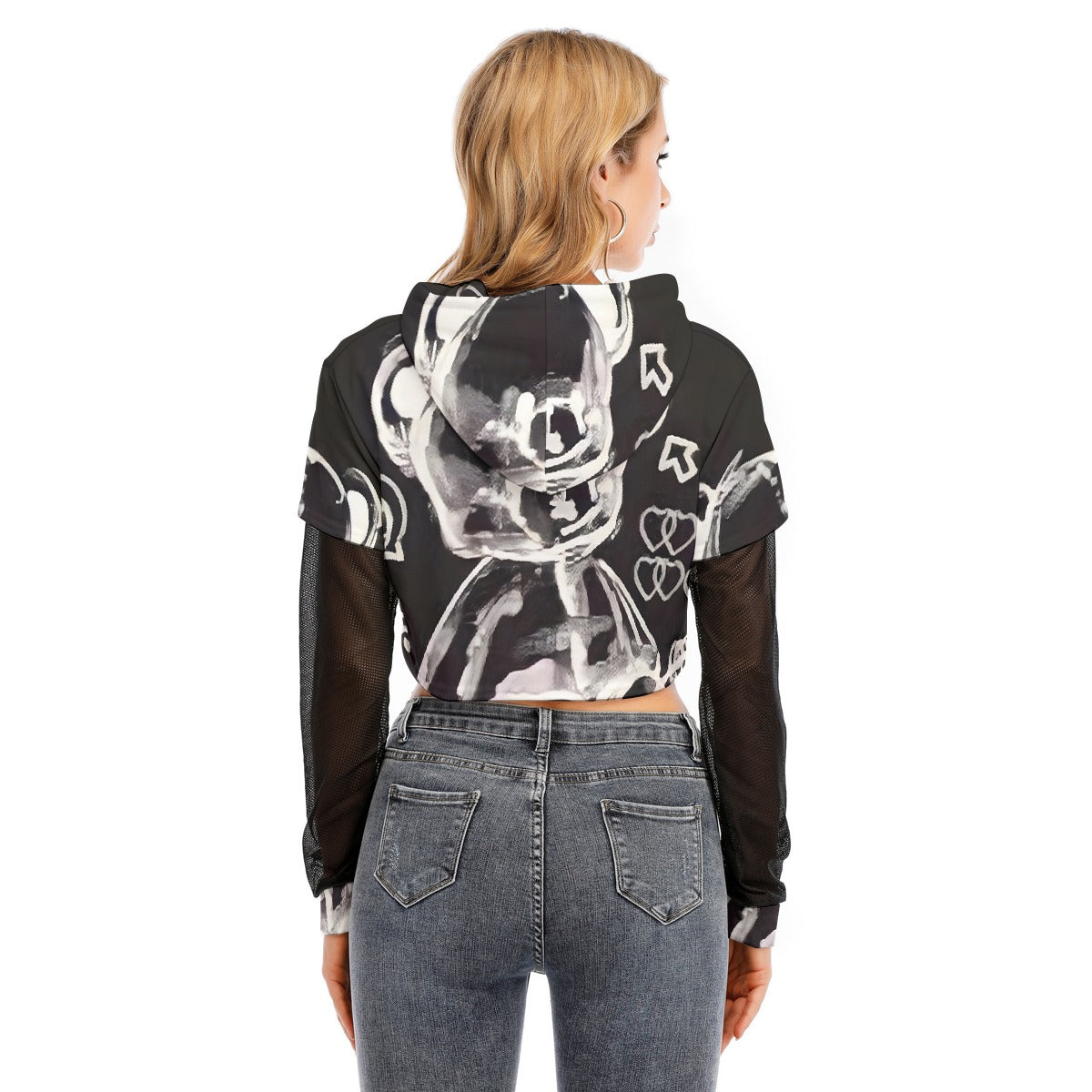 All-Over Print Women's Fake Two-piece Mesh Sleeve Cropped Hoodie