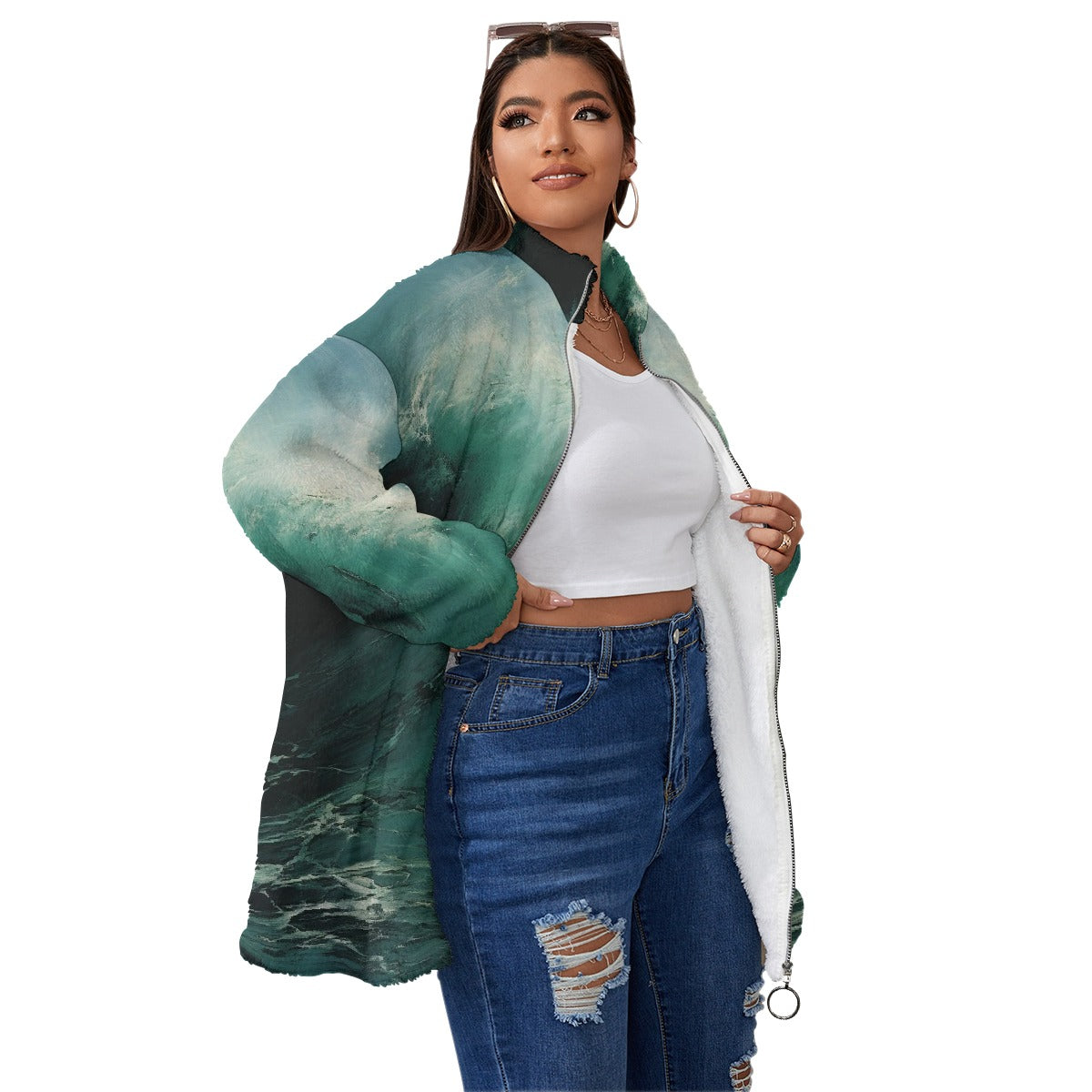 All-Over Print Unisex Borg Fleece Stand-up Collar Coat With Zipper Closure(Plus Size)