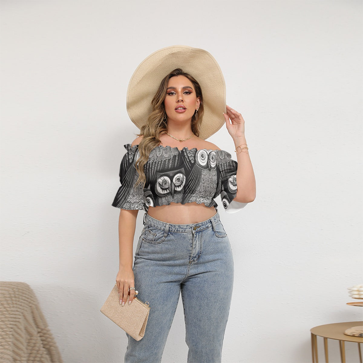 All-Over Print Women's Off-shoulder Cropped Top With Short Puff Sleeve