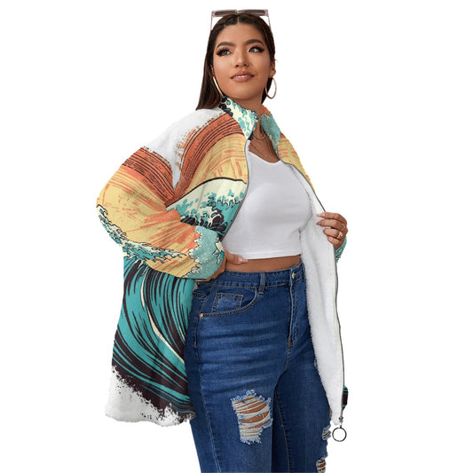 All-Over Print Unisex Borg Fleece Stand-up Collar Coat With Zipper Closure(Plus Size)