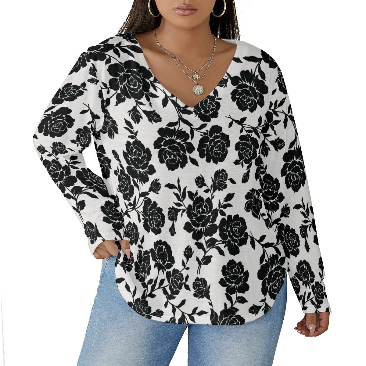 All-Over Print Women's V-neck T-shirt With Curved Hem(Plus Size)