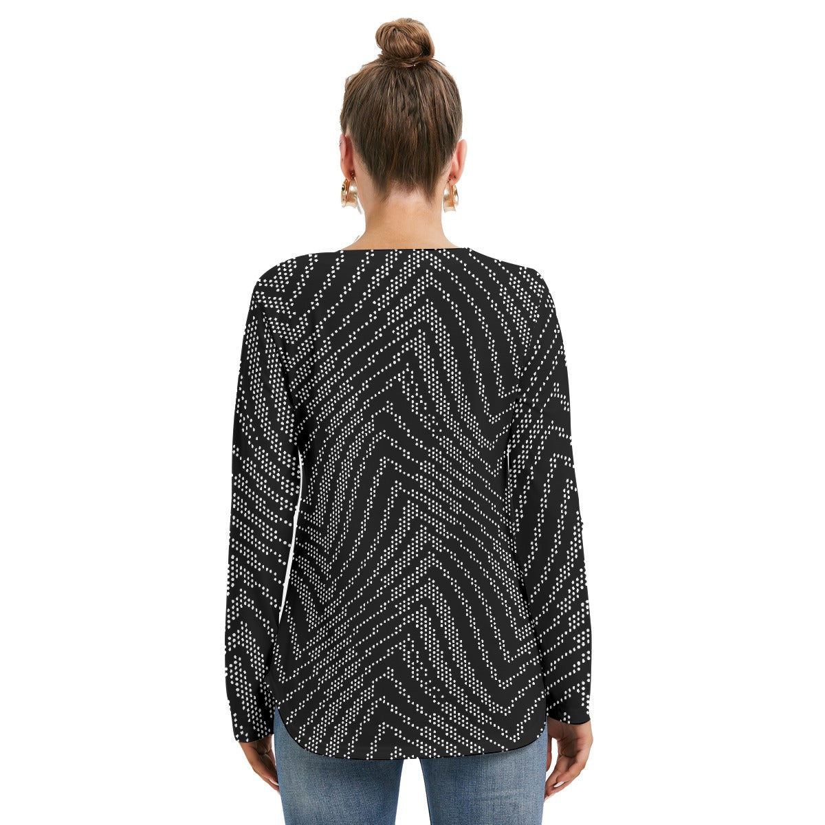All-Over Print Women's Long Sleeve Neckline Tie Sweatshirt