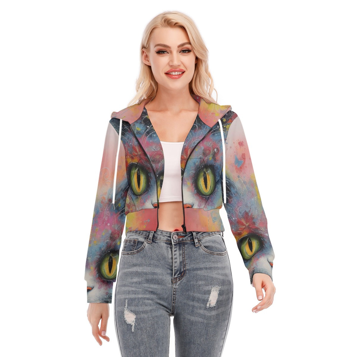 All-Over Print Women's Crop Top Hoodie With Zipper Closure