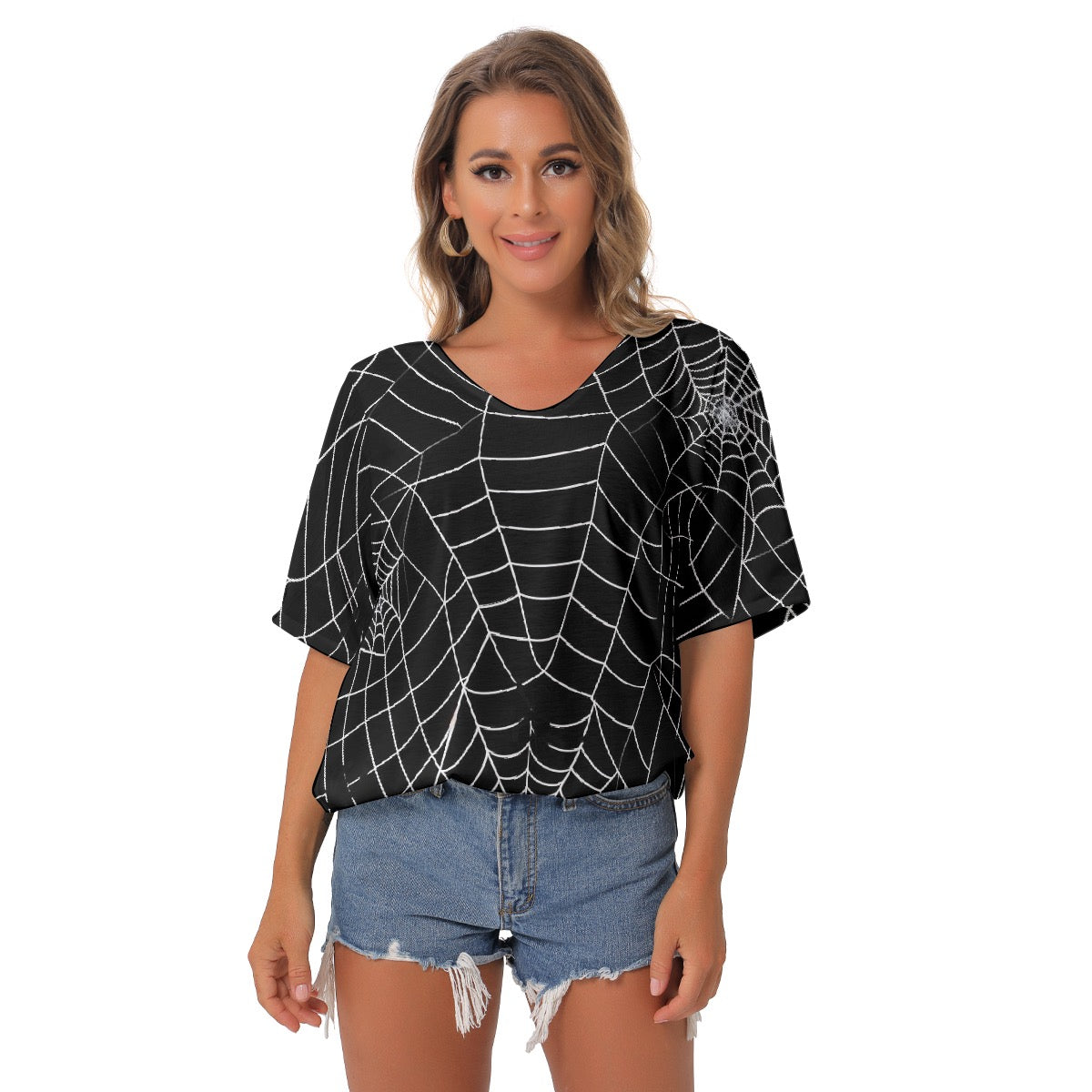 All-Over Print Women's Bat Sleeves V-Neck Blouse