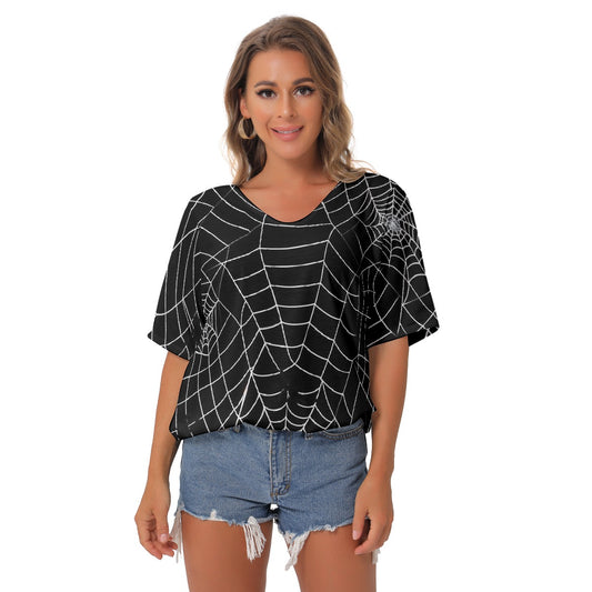 All-Over Print Women's Bat Sleeves V-Neck Blouse