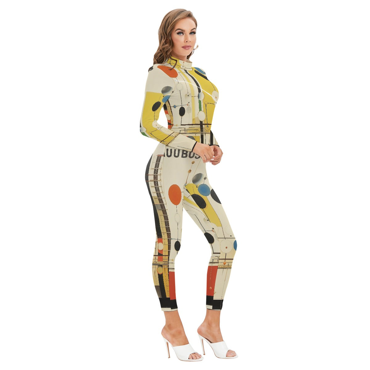All-Over Print Women's Long-sleeved High-neck Jumpsuit With Zipper