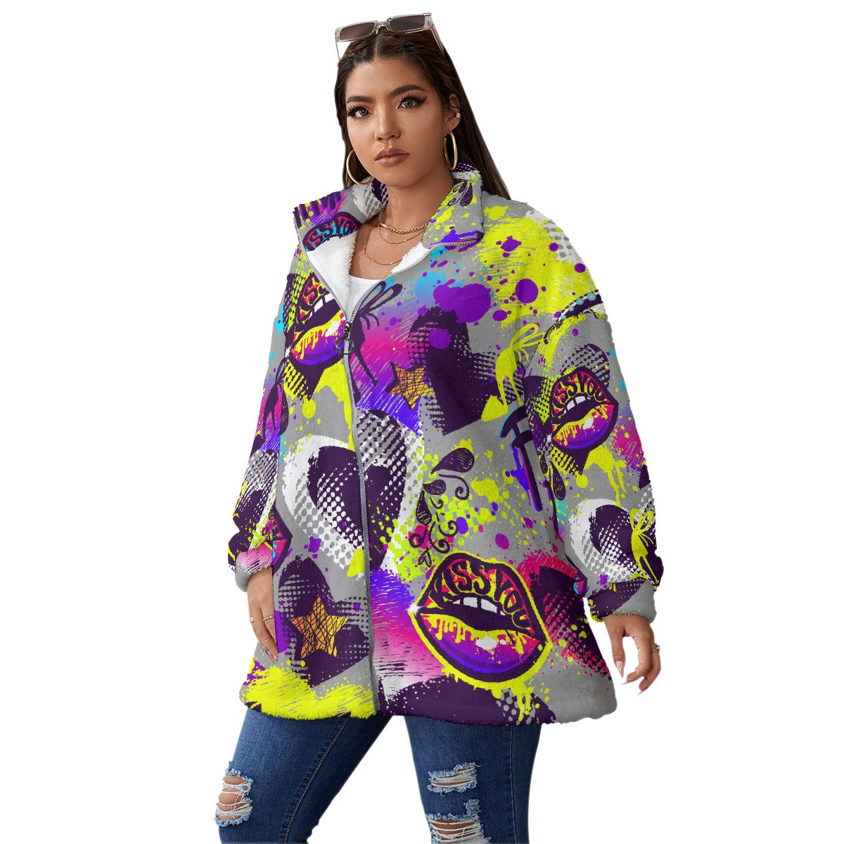All-Over Print Unisex Borg Fleece Stand-up Collar Coat With Zipper Closure(Plus Size)
