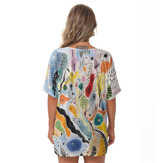 All-Over Print Women's Bat Sleeves V-Neck Blouse